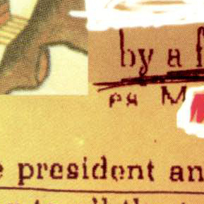 an abstract yellow-orange collage with bits of writing, the only legible words being 'by' on the top right and 'president' in the bottom center. this art is taken from one of radiohead's ok computer artworks.